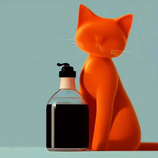 Prompt: a cat standing next to a bottle of medicine. orange cat. animal. digital art. artstation. illustration. octane render.