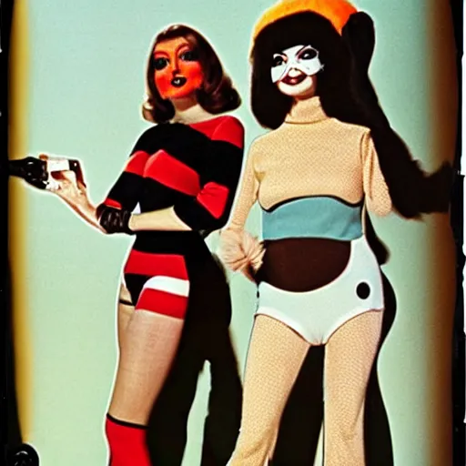 Image similar to 1976 film still glamorous woman photo and her friend, an anthropomorphic stomach, traveling in France, live action children's tv show, 16mm film live soft color, earth tones and some primary colors 1976, wacky, in style of john waters doris wishman russ meyer, woman looks like sharon tate