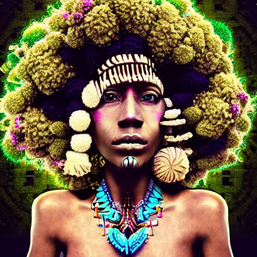 Image similar to a female african marijuanna! shaman with an afro made of flowers, third eye art art by machina infinitum, complexity from simplicity, rendered in octane, mandelbulb 3 d, ambient occlusion, macro photography, felt!!! texture, tribal, pastel! retrowave