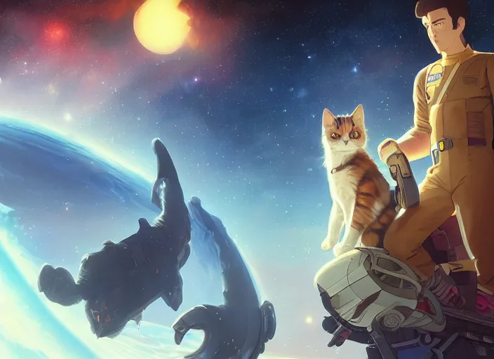 Image similar to a space handsome gay guys and their 1 0 pet space cats staring role in an awesome fun musical sci - fi space opera ghibli animated film, volumetric lighting, octane render by stanley artgerm lau, greg rutkowski, thomas kindkade, alphonse mucha, loish, norman rockwel, 8 k greg rutkowski