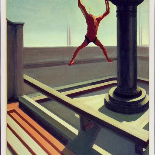 Image similar to biomechanical human raising his hands into the sky of the machine by edward hopper