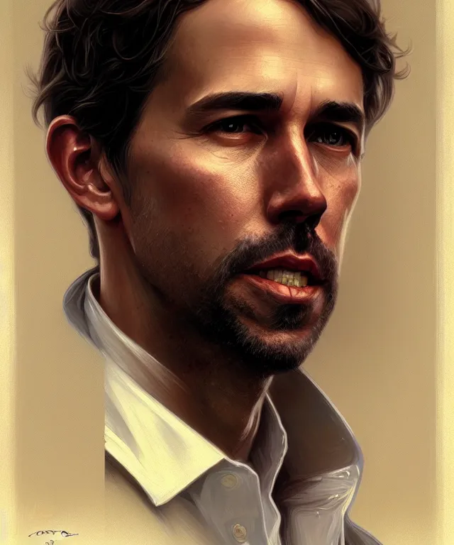 Image similar to portrait of Beto O'Rourke, intricate, elegant, highly detailed, digital painting, artstation, concept art, smooth, sharp focus, illustration, art by artgerm and greg rutkowski and alphonse mucha