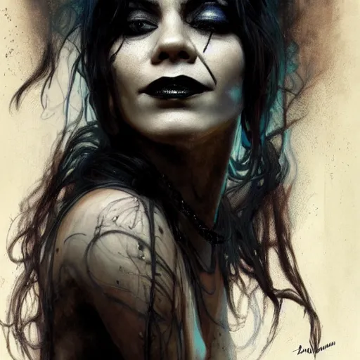 Image similar to beautiful portrait of vanessa hudgens as death from sandman, smiling, by cedric peyravernay, alphonse mucha, by jeremy mann, by lecouffe deharme, goth chic, soft lightning, eyeliner, punk rock, high detailed, 8 k