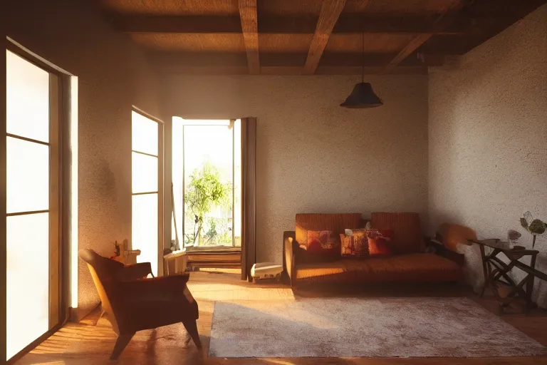 Prompt: rays of the sun shining through the window of the village house. very beautiful, warm shiny colors, octane render