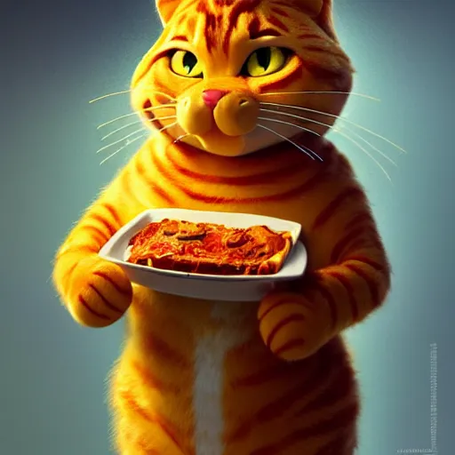 Image similar to fullbody!! personification of garfield the cat as a goddess holding lasagna, stunning, hyperrealistic, trending on artstation, smooth and sharp, intricate, fine details, elegant, religious, dynamic pose, radiant light, detailed and intricate environment, professional character concept art by tatyana kupriyanova and greg rutkowski and raymond swanland