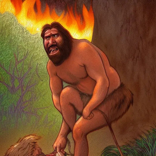 Image similar to caveman is shocked when they first time discovered fire , Unga bunga , illustration , HDR, natural lighting , award winning photograph, 8k, Mucha style,