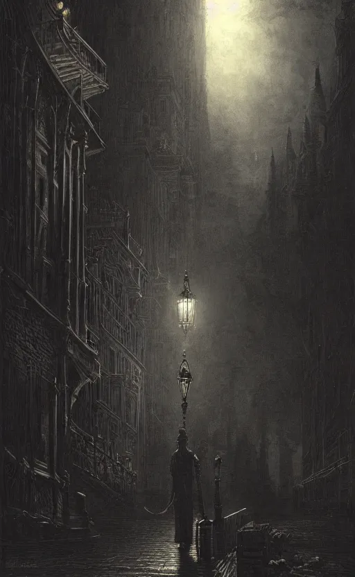 Image similar to A vampire lurks in the shadows of Victorian city in the night, illuminated by gas lamps, hyperdetailed, artstation trending, world renowned artists, worth1000.com, historic artworks society, antique renewel, cgsociety, by greg rutkowski, by Gustave Dore, Deviantart