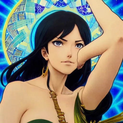 Image similar to highly detailed vfx portrait of nico robin by eiichiro oda, makoto shinkai, alphonse mucha, sharp focus, art by artgerm and greg rutkowski!, backlit, harsh overhead sunlight, blue eyes, stanley kybric, makoto yukimura, takeshi obata, pixiv, fanbox,