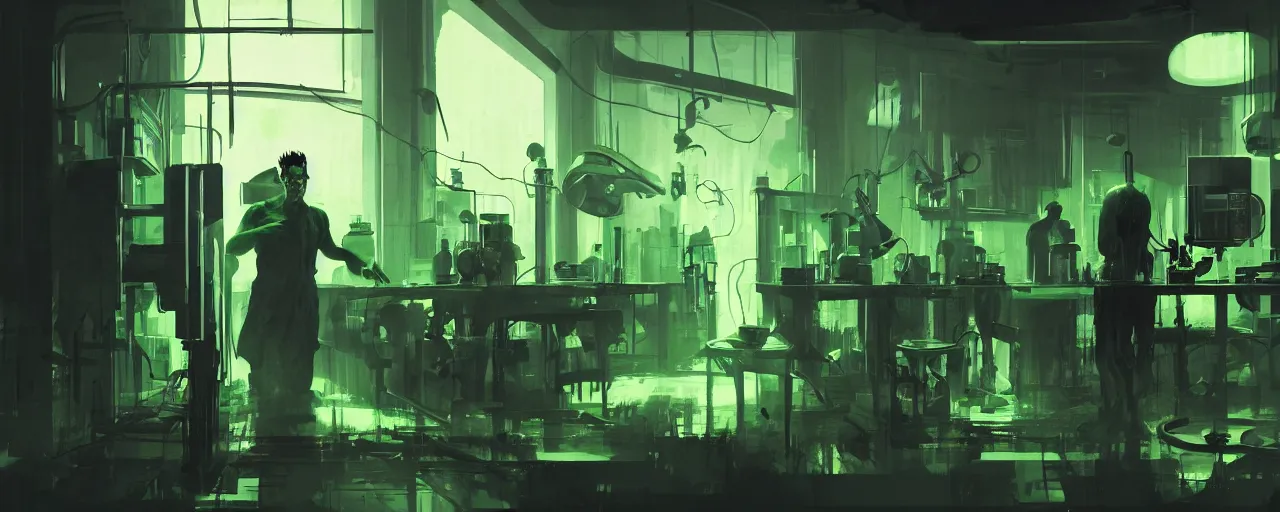 Image similar to duotone noir dark ghastly green concept illustration 3 / 4 portrait of frankenstein becoming alive in laboratory. cinematic scene film noir. volumetric lighting. golden rario accidental renaissance. by sachin teng and sergey kolesov and ruan jia and heng z. graffiti art, scifi, fantasy, hyper detailed. octane render. concept art. trending on artstation