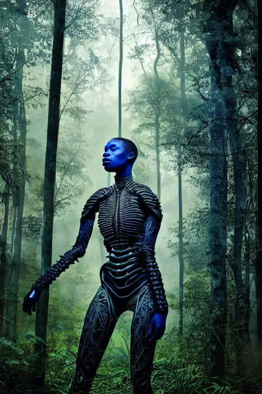 Prompt: neo-surreal very beautiful black woman, highly detailed exoskeleton armor in a forest, sun behind her, concept art brad kunkle elson peter, dramatic blue light low angle hd 8k sharp focus