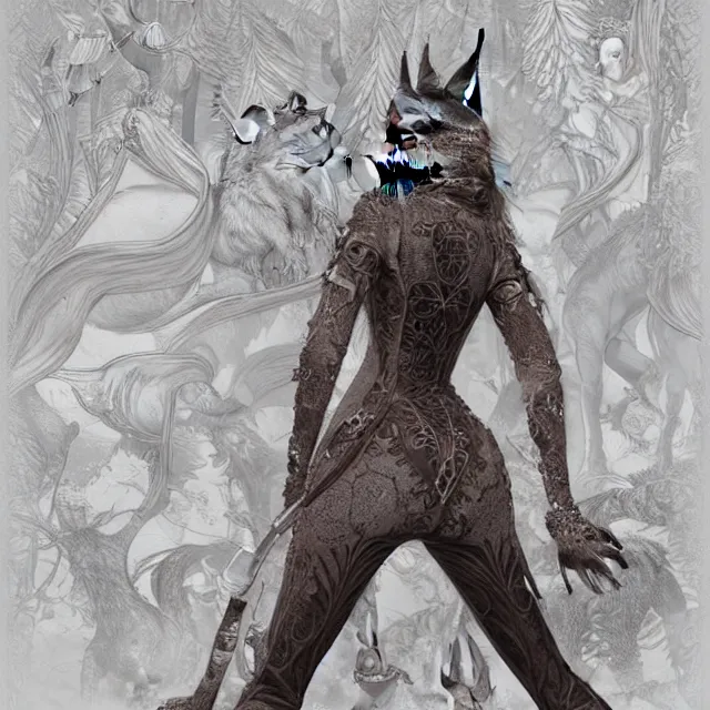 Prompt: the full body of anthropomorphic lynx fursona from behind wearing a steampunk suit as unimaginably beautiful, gorgeous, elegant, young woman with lynx head, an ultrafine hyperdetailed illustration by furaffinity, intricate linework, white fur, unreal engine 5 highly rendered, global illumination, radiant light, detailed and intricate environment, no feral, no taur