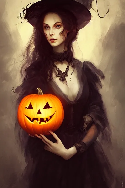 Image similar to portrait of a beautiful victorian witch holding a jack - o - lantern, halloween night, charlie bowater, artgerm, ilya kuvshinov, krenz cushart, ruan jia, realism, ultra detailed, 8 k resolution