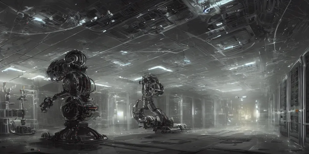 Image similar to robot bionical parallax volumetric coherent colossal ruined server room in datacenter portrait symmetrical face by eddie mendoza blender robot figure automata drone robot welder posing pacing fixing mono sharp focus, emitting diodes, racks, system unit, artstation cgsociety artofmtg hyperrealism cinematic dramatic painting concept art of detailed character design