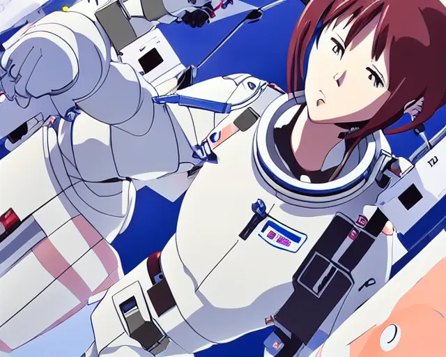 Image similar to anime visual of a female astronaut ; official media ; animated by hajime yatate ; by shinichiro watanabe