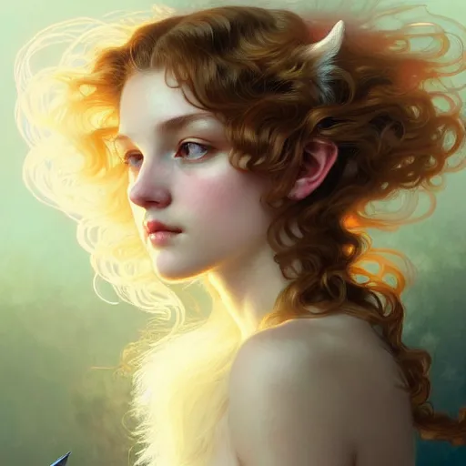 Image similar to Portrait of a girl angel with cream colored fuzzy frizzy hair, cat ears, glowing halo, wings, fantasy, intricate, elegant, highly detailed, digital painting, artstation, concept art, smooth, sharp focus, illustration, art by Krenz Cushart and Artem Demura and alphonse mucha