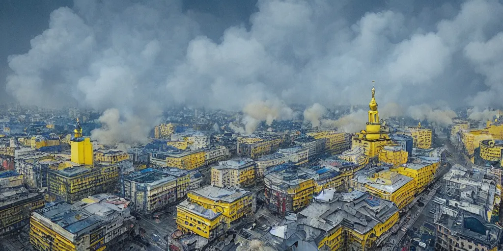 Image similar to kiev city streets covered in yellow and blue smoke, drone photography, by kim keever