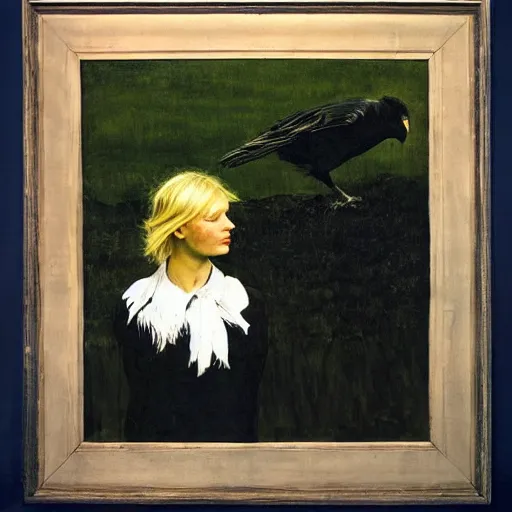 Image similar to Andrew Wyeth portrait of a blonde woman with a crow perched on her shoulder