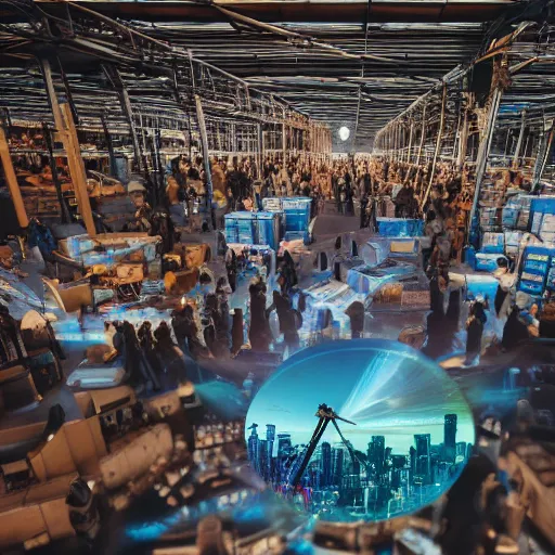 Image similar to crane shot of large group people in open warehouse, looking at hologram of futuristic city on a table, cinematic still, godrays, golden hour, natural sunlight, 4 k, clear details, tabletop model buildings, tabletop model, ethereal hologram center, crane shot, crane shot, gathering