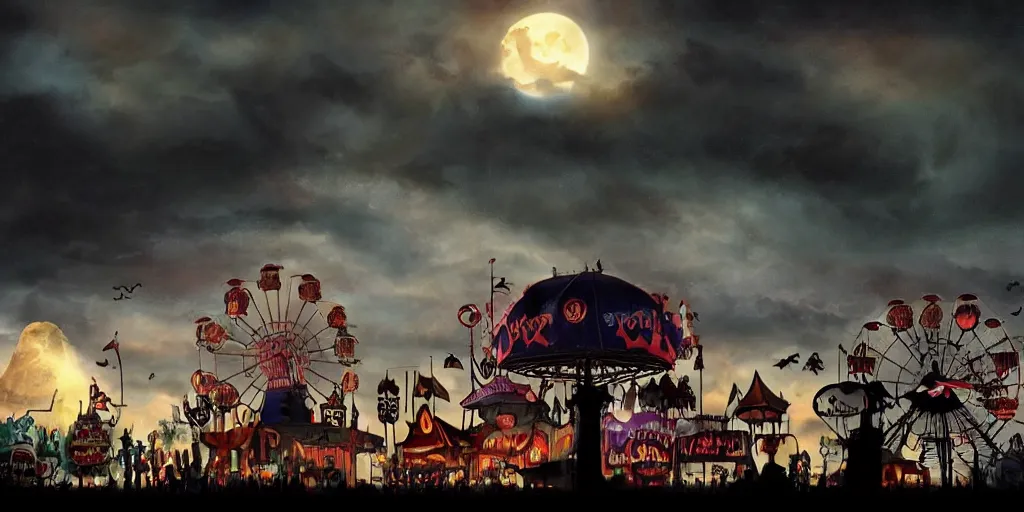 Prompt: a matte painting of a silhouette of an evil haunted carnival with a dark dramatic sky by pixar and tim burton