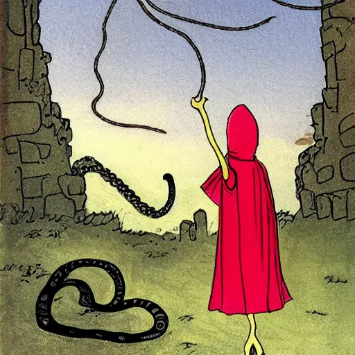 Prompt: synthwave exciting by kate greenaway, by jeff kinney. a beautiful illustration of a horned, red - eyed, skeleton - like creature, with a long black cape, & a staff with a snake wrapped around it, standing in front of a castle atop a cliff.