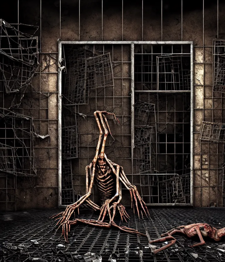 Image similar to Creepy huge suffering humanoid with long limbs sits on the floor and looks at the little old TV. An underground very dark gloomy multi-layered structure of rusty thick iron grates, dense chain-link fencing and peeling walls. Inside view, collapsed floors, bent rusted iron, masterpiece, black background, corners, cinematic, hyperdetailed, photorealistic, hyperrealism, octane render, 8k, depth of field, bokeh, architecture, shadows, art by Zdzisław Beksiński, Dariusz Zawadzki