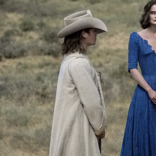 Prompt: Kiera Knightley as Dolores in Westworld (2018), blue dress, film still