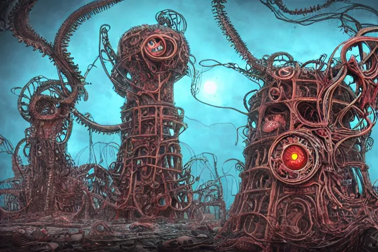 Image similar to lovecraftian biomechanical machine - tower with fleshy tendrils and eyeball at top overlooking dystopian wasteland, highly detailed, colorful with red hues