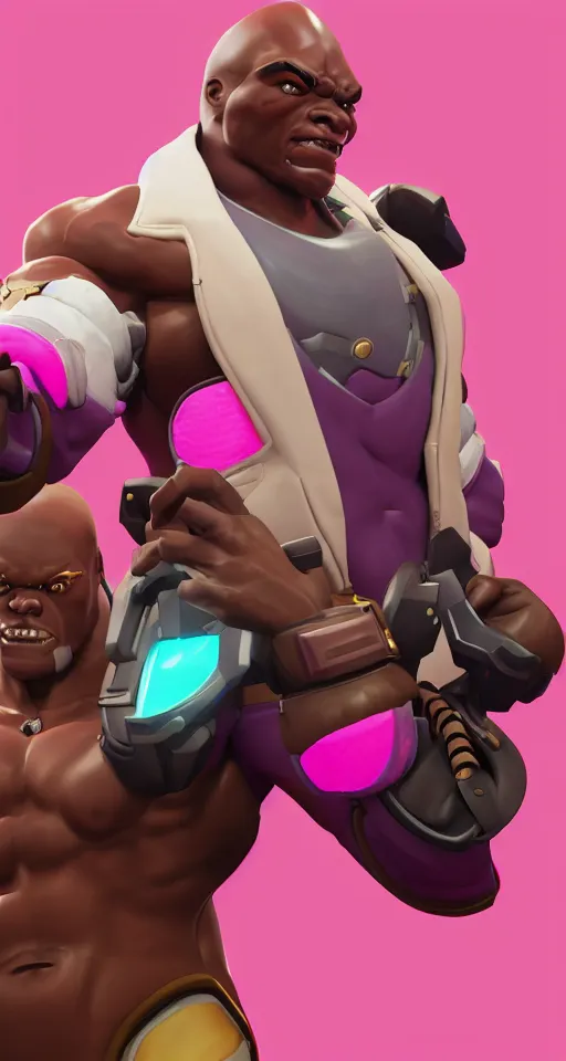 Image similar to doomfist, pink blazer, overwatch game, digital art, high detailed, artstation, 3 d render