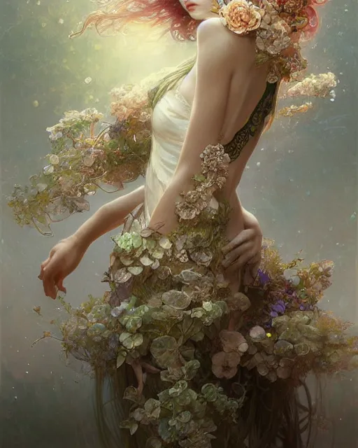 Image similar to Floralpunk elysian Maiden of radiant light wearing ivory lace dress made of stardust by Ruan Jia and artgerm, award winning art, Artstation, art nouveau aesthetic, Alphonse Mucha background, intricate details, semi-realistic, full view