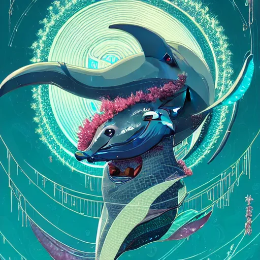 Image similar to a beautiful hyperdetailed character design 4 k wallpaper illustration of a cute dolphin, victo ngai cyberpunk style, from china, style of studio ghibli, makoto shinkai, raphael lacoste, louis comfort tiffany, artgerm, james jean, ross tran, chinese style