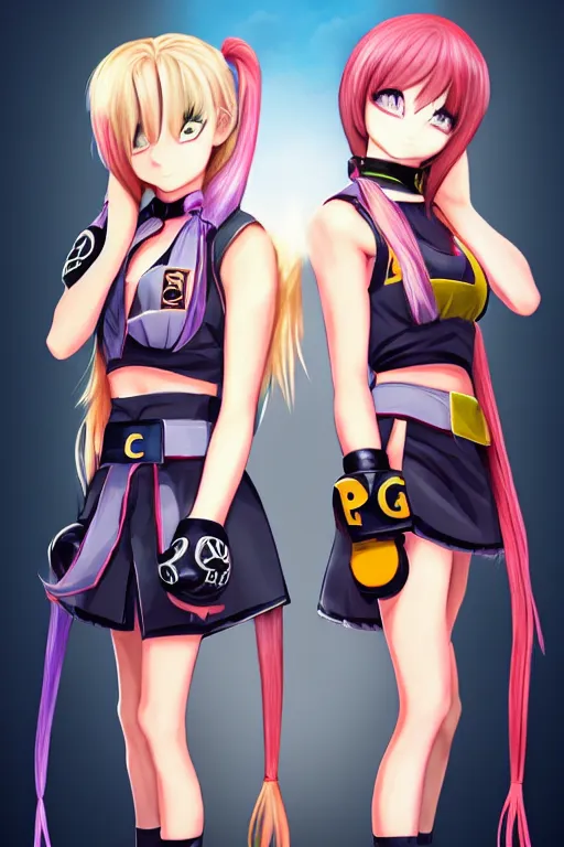 Image similar to two beautiful female fighters with pigtails facing each other, detailed anime art