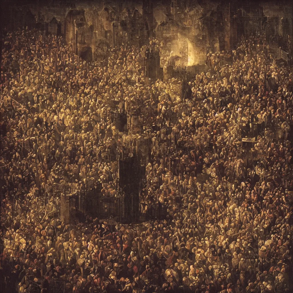 Image similar to an electronic music concert being held inside a medieval castle, album back cover, high detail texture