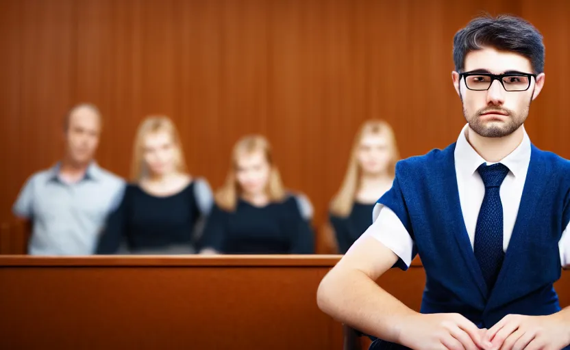 Image similar to portrait a beautiful a man in a skirt in a courtroom, no blur, 4 k resolution, ultra detailed