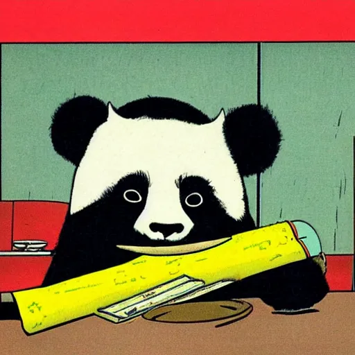 Prompt: a humorous full - color comic illustration from a 1 9 7 0 s issue of mad magazine in which an anthropomorphic panda walks into a bar and then eats, shoots, and leaves.