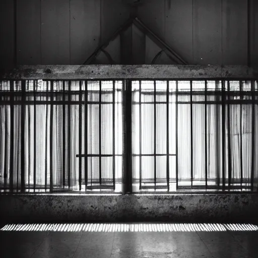 Image similar to a dark photo of a shadow of two people hugging each other in an abandoned hall, there is an open birdcage on the forefront, black and white, long exposure, motion blur