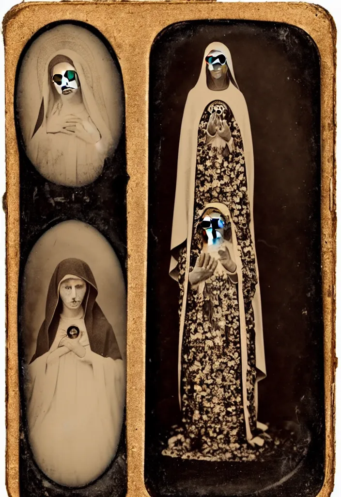 Image similar to daguerreotype, full body view, one woman, virgin mary, dia de muertos dress and make up