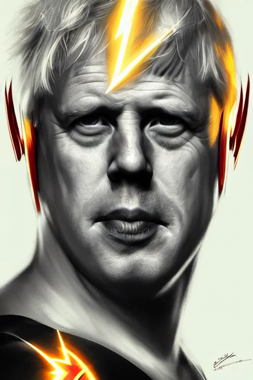 Image similar to Boris Johnson as Flash by Zack Snyder, realistic portrait, symmetrical, highly detailed, digital painting, artstation, concept art, smooth, sharp focus, illustration, cinematic lighting, art by artgerm and greg rutkowski and alphonse mucha