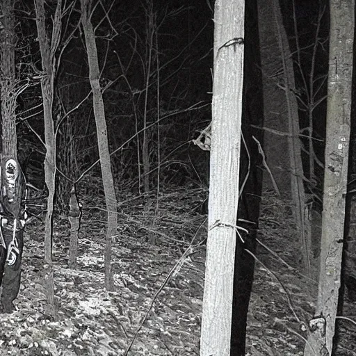Prompt: trailcam footage of a skinny white bloody wendigo lurking, night time