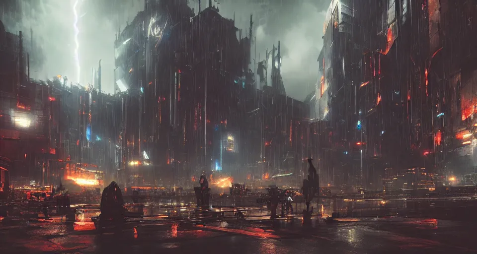 Image similar to sci-fi bombers in a cyberpunk medieval gothic dark-ages city, rich contrast, sci-fi bombers in the lightning-storm sky, feeling of grimdark and gothic horror, explosions and fire, hyperrealistic, octane render, unreal engine, Cryengine 8k UHD