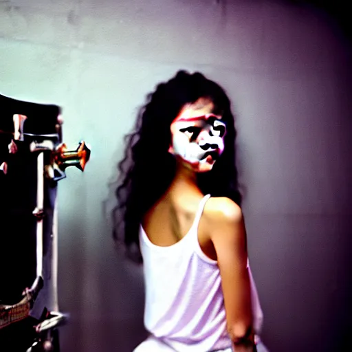 Prompt: gracefully enchanting studio portraiture of finely fashionable, elegantly dressed, stunning reserved young uzbek model who is slender, tank top, denim shorts. nikon fm 2 film still taken in a boiler room. by the greatest artists of art deco and modern manga