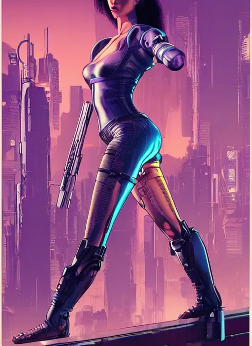 Image similar to cyberpunk hitwoman. portrait by mœbius and will eisner and gil elvgren and pixar. realistic proportions. cyberpunk 2 0 7 7, apex, blade runner 2 0 4 9 concept art. cel shading. attractive face. thick lines.