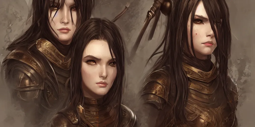 Image similar to 2 5 years old women : : dark straight hair : : brown medieval cloting, light armor, natural materials : : high detail, digital art, illustration, realistic, rpg, fantasy