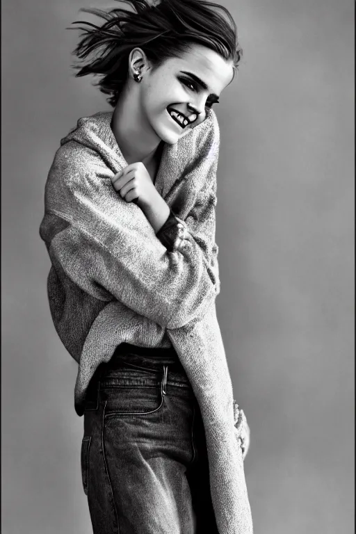 Image similar to emma watson smiling oversized sweatshirt jeans gaston bussiere craig mullins j. c. leyendecker richard avedon peter lindbergh