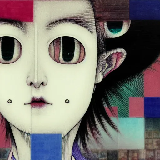 Image similar to yoshitaka amano blurred and dreamy realistic three quarter angle portrait of a woman with black eyes wearing dress suit with tie, junji ito abstract patterns in the background, satoshi kon anime, noisy film grain effect, highly detailed, renaissance oil painting, weird portrait angle, blurred lost edges