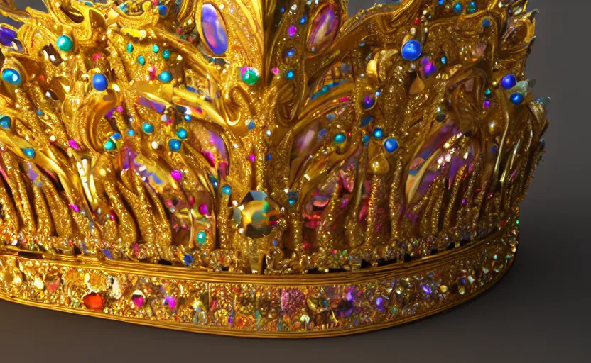 Image similar to Golden crown adorned with multicolored gems, hyperdetailed, artstation, cgsociety, golden hour 8k