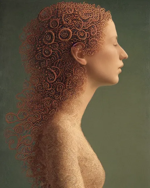 Prompt: a woman's face in profile, long flowing hair entwined in a coral reef, made of intricate decorative lace leaf, in the style of the dutch masters and gregory crewdson, dark and moody