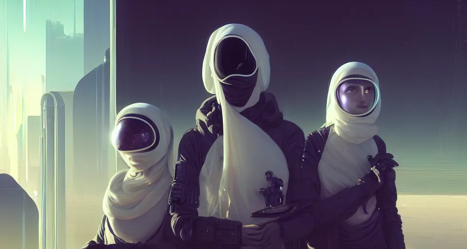 Image similar to portrait of yael shelbia and kang seul - gi, venus squid astronaut, burka, white hair, intricate design details. cyberpunk, rioter, by ruan jia, beeple and richard corben. smooth gradients, deep space.