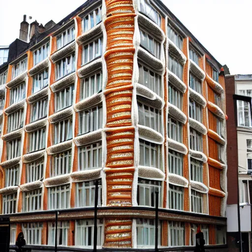 Prompt: mc escher building in london covered in spaghetti
