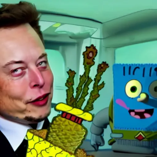 Image similar to Elon Musk and SpongeBob smoking weed ,4K, quality, realistic