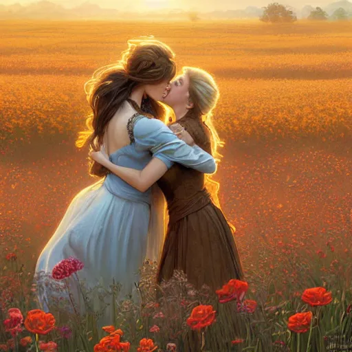 Prompt: a blonde guy and woman with brown hair hugging each other in a flower field at sundown, D&D, fantasy, intricate, elegant, highly detailed, digital painting, artstation, concept art, matte, sharp focus, illustration, hearthstone, art by Artgerm and Greg Rutkowski and Alphonse Mucha